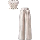 winkbay Women's 2 Piece Beach Vacation Outfits Striped Strapless Crop Tube Top and Pants Summer Sets