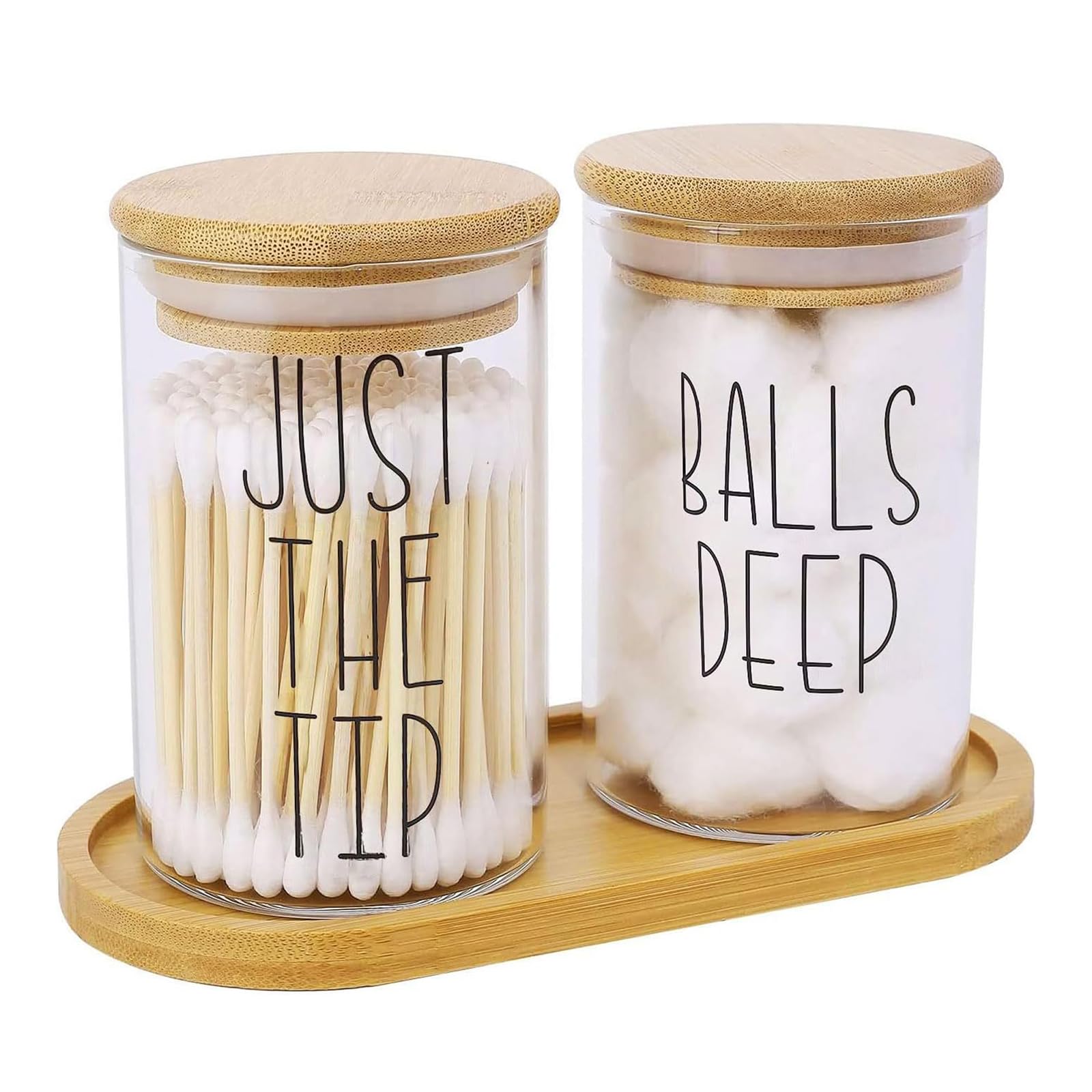 soulnioi 2Pcs Qtip Holder Dispenser with Bamboo Tray Round Glass Cotton Pads Holder with Lid and Sealing Silicone Ring Cotton Swab Storage Box Bathroom Containers Set for Bathroom Makeup Storage