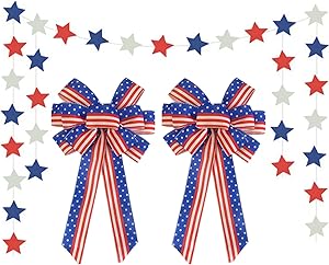 4th of July Patriotic Wreath-Bow Independence-Day Decoration - American Flag Bunting Bow Red Blue Stars Stripes Wreath Bow for Indoor Outdoor Independence Day Memorial Day Party Decoration