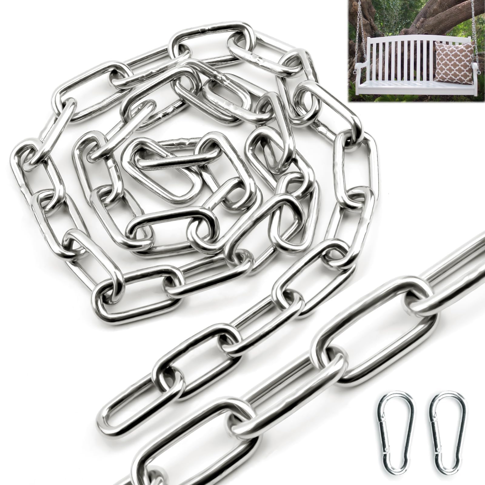 SWTYExt Heavy Duty Stainless Steel Chain, 5MM x 1Metre, with Carabiner, for Gate, Padlock, Outdoor, Lifting, Hanging, Swing, Bike, Cycle, Pet Chain