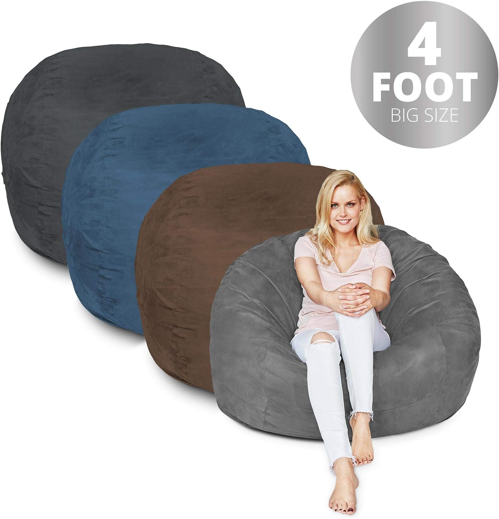 Lumaland Bean Bag Chair | 4 Foot & Navy Blue | Microsuede Cover Machine Washable Big Size Sofa and Giant Lounger Furniture for Kids Teens and Adults