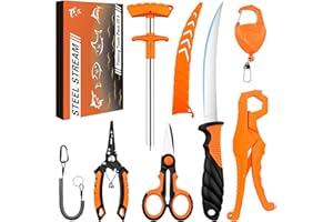 FSHYOS Fishing Gear Accessories Kit - Stainless Steel Fishing Pliers, Fish Fillet Knife, Hook Remover, Braid Scissors, Fish Lip Gripper, Tool Retractor, Lanyard - Gifts for Men Saltwater Fly Ice Fishing