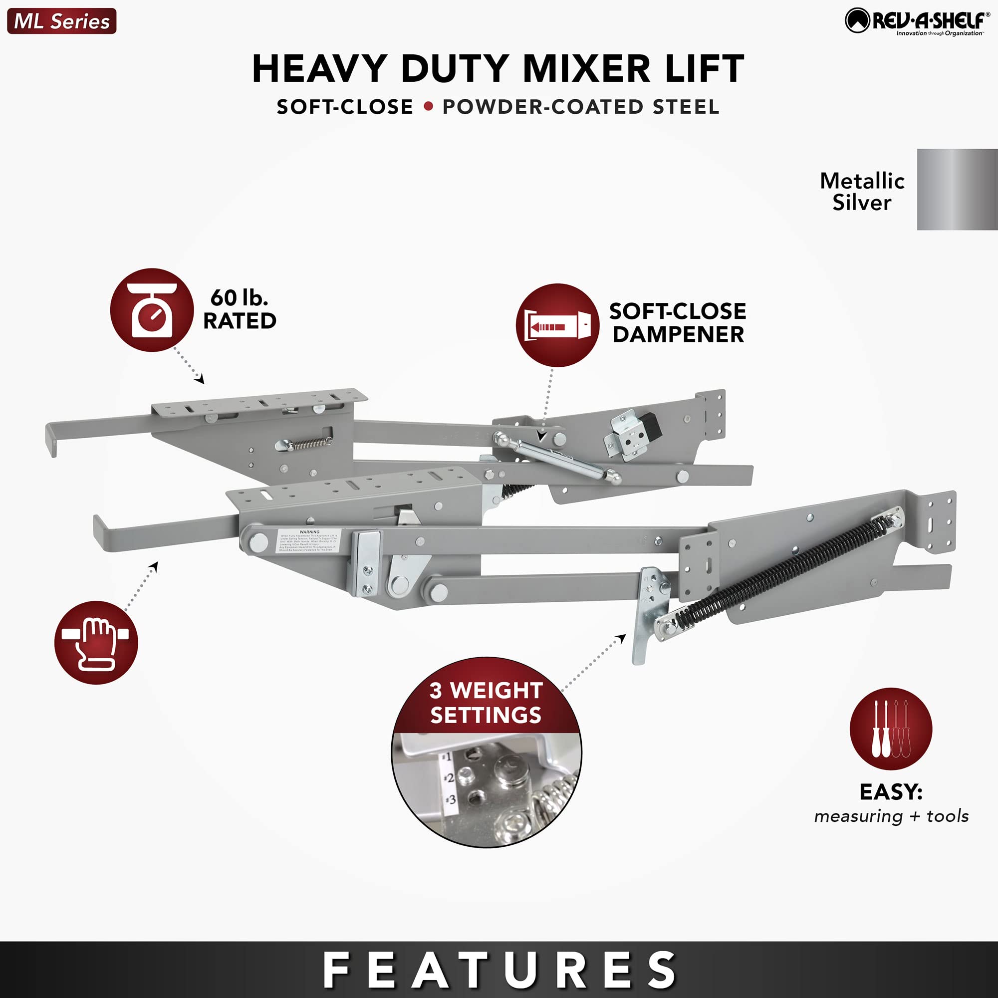 Rev-A-Shelf Kitchen Cabinet Spring Loaded Mixer and Appliance Lift Assist Mechanism for Small Kitchen Appliances w/Soft Close, Zinc, RAS-ML-HDSC