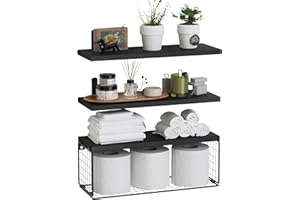 WOPITUES Bathroom Shelf Over Toilet, Floating Bathroom Shelf Wall Mounted with Wire Basket, Floating Shelf for Wall Décor-Black