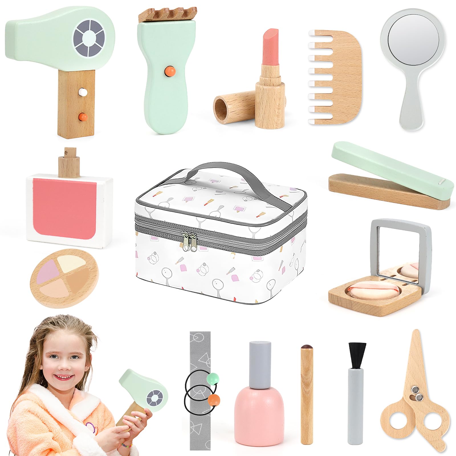 Wooden Makeup Toy Set, Pretend Play Wood Beauty Salon Playset Wood Makeup Kit with Handbag Cute Fake Makeup Set Gift for Girl Age 3 4 5 6 7