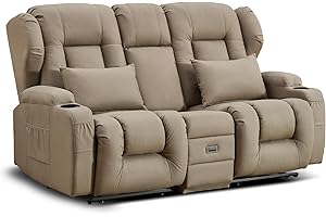 URRED Loveseat Recliner Sofa with Flipped Backrest Console, RV Manual Reclining Loveseat Couch Home Theater Seating with Cup Holders/Side Pockets/Pillows/Drawers/Outlets for Living Room, Khaki