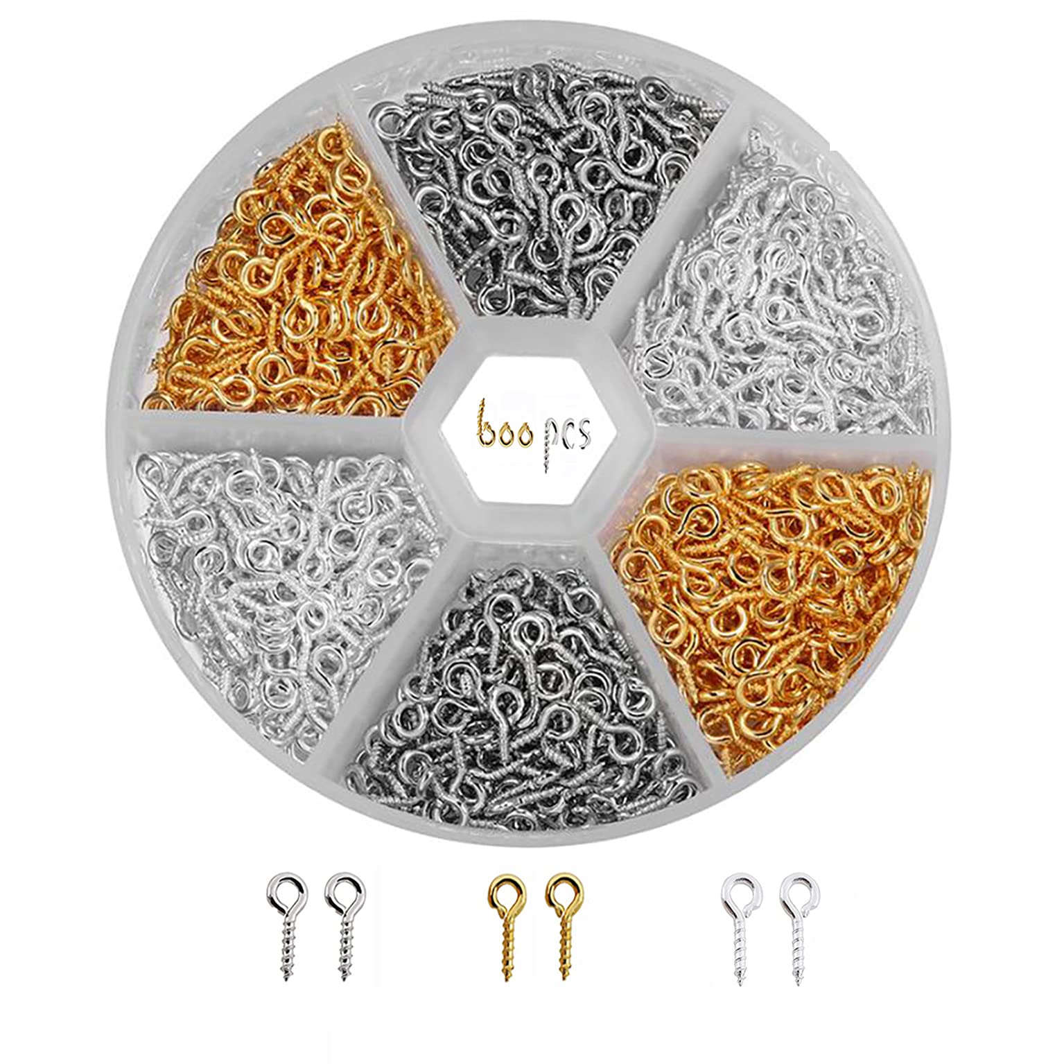 XPOOP 600 Pcs Mini Screw Eye Nail Hook Mini Ring Thread, Iron Small Screw Eye Screw Sheep Eye Nail, 4 * 10 mm, Used for Hanging Jewelry to Make DIY Crafts (3 Colors Mixed)