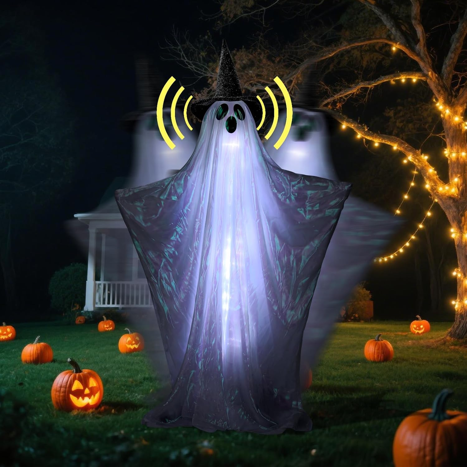 Photo 1 of 64" Animated Halloween Ghost Outdoor Decoration - Light-Up, Sound-Activated Ghost with Moving Arms & Try Me Button, Life-Size Lawn Prop with Witch Hat, Easy Setup, 6-Month Warranty