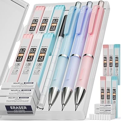 Nicpro 3Pcs Pastel Mechanical Pencil Set 0.7mm with Case HB Lead Refills
