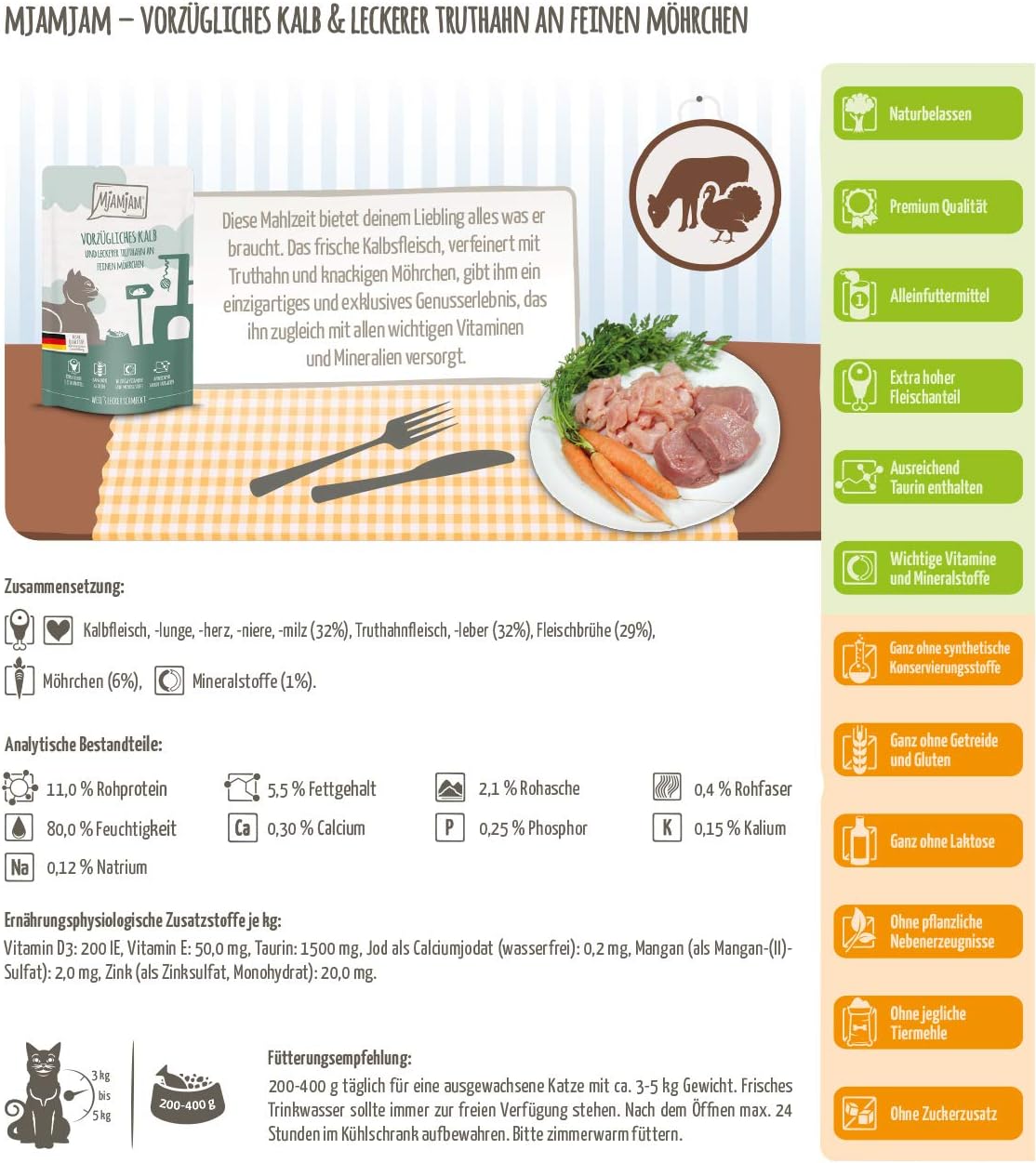 MjAMjAM, premium wet food for cats, Quetschie, excellent veal & turkey with delicious carrots, pack of 12 (12 x 125 g) - Image 4
