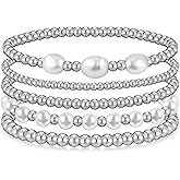 jollone Gold Bracelets for Women Gold Bracelet Stack Pearl Beaded Bracelets for Women 14K Gold Plated Stretch Bead Ball Bracelet Sets Jewelry for Mother's Day Birthday Gifts