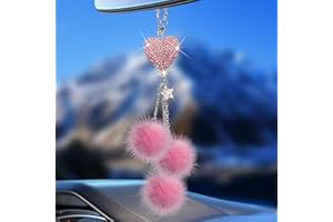 HITLUSTE Pink Bling Car Accessories Interior for Women - Girly Crystal Car Rearview Mirror Decor, Cute Rinestones Diamond Para Carro de Mujer, Car Mirror Decor Love Heart [Fuzzy Plush Ball]