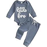 Tsnbre Baby Boy Clothes Little Brother Embroidery Ribbed Long Sleeve Romper Pants Set Newborn Fall Winter Outfits
