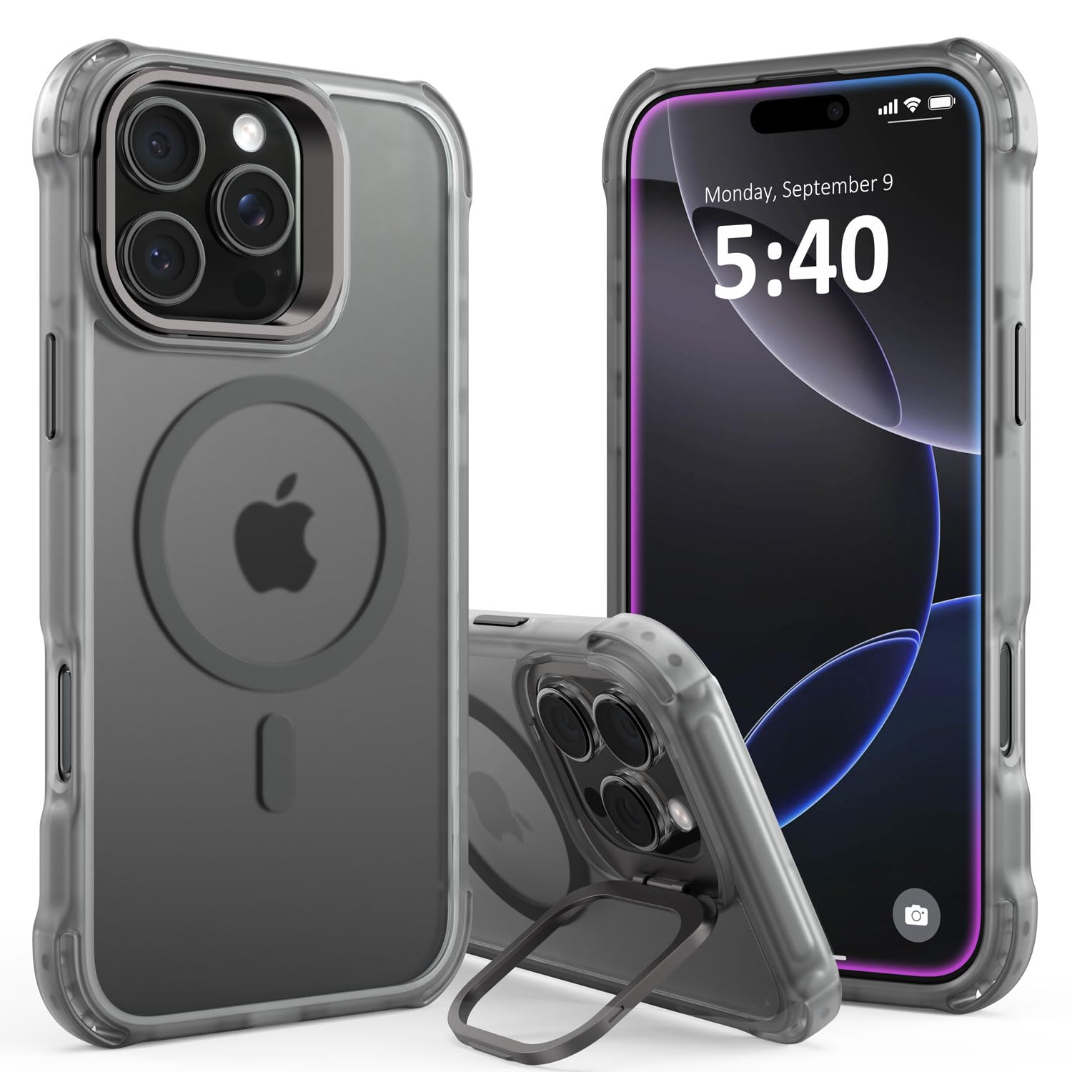 Phonic Pro Shield iPhone 16 Pro Case [Invisible Kickstand] 12ft Military-Grade Drop Protection Crystal Clear Back, Compatible with MagSafe, Slim Shockproof Case For iPhone 16 Pro (Gunmetal)