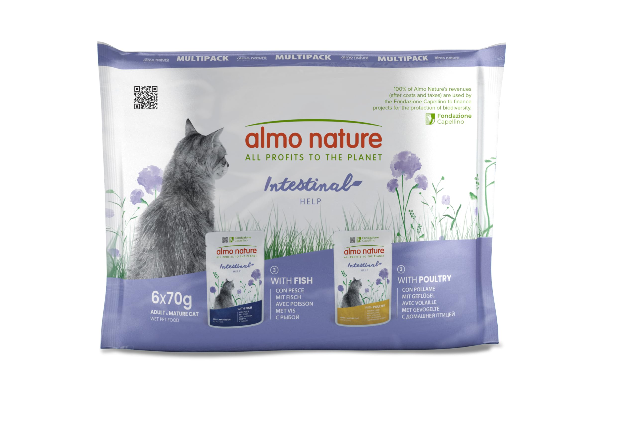 Almo Nature Functional - Intestinal Help - Wet Food for Adult Cats with Intestinal Sensitivity - with Fish and Poultry - Microbiota Support - 70g (Pack of 6)
