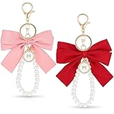 Xyembu Pearl Wristlet Bow Keychain for Women, 2 Pcs Cute Purse Charms Accessories Pink Red Bowknot Bag Charms Key Chains Wristlet for Car Keys Handbag Backpack