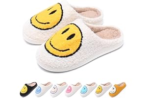 MIUHANUN Retro Smile Face Slippers for Women, Comfy Thick Sole Happy Face Slippers Soft Plush Fuzzy Slip-On Women Smile Slippers Cozy Warm House Slippers for Indoor & Outdoor