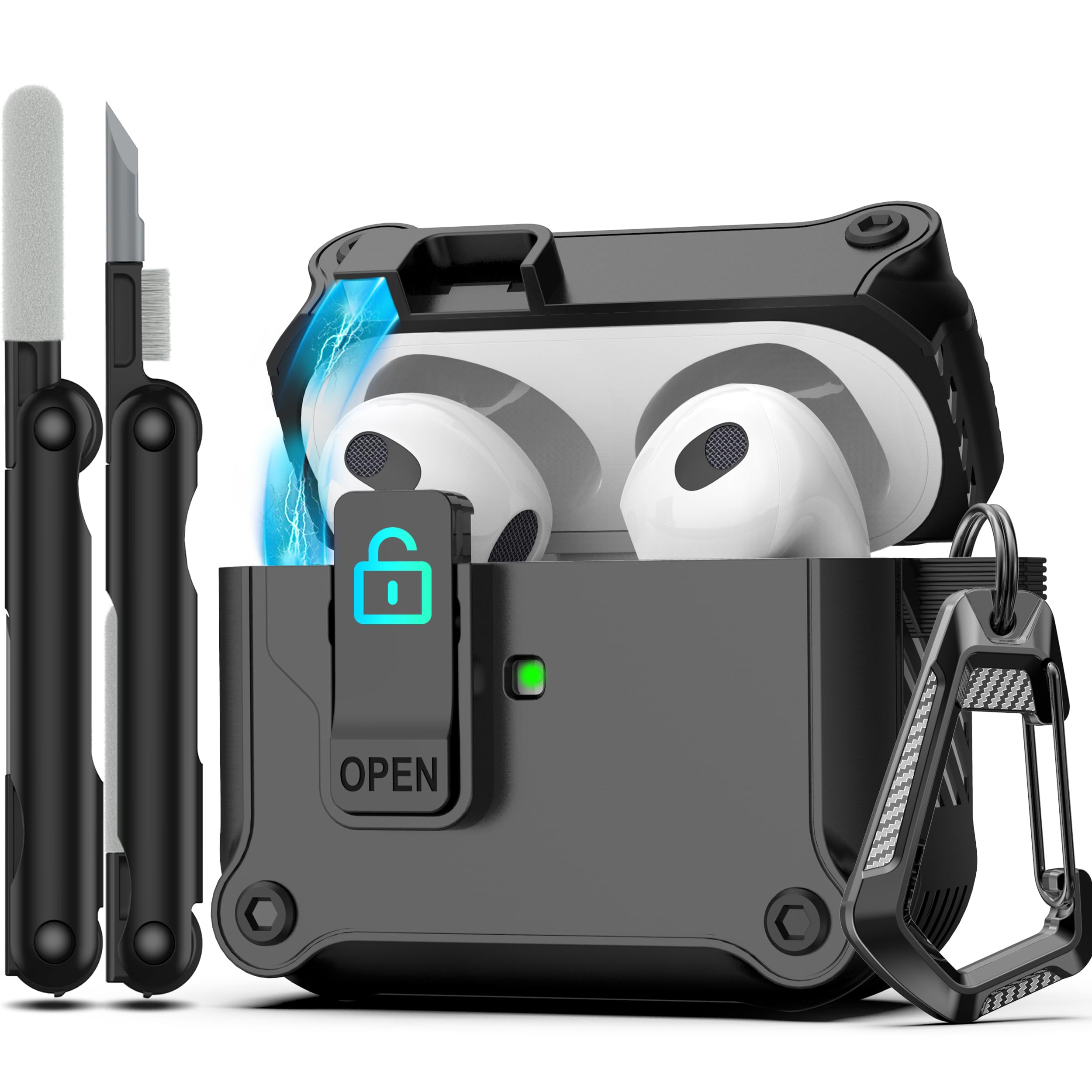 Photo 1 of RFUNGUANGO for Airpods 3rd Generation Case with Secure Lock Clip, Full Body Shockproof Hard Shell Protective,for AirPods 3 Case Compatible with Apple AirPod 3rd Gen 2021 [Front LED Visible] - Black