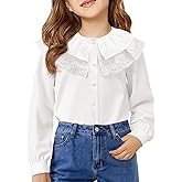 Girls Eyelet Ruffle Collar Blouse Kids Long Sleeve Button Down Shirt Cute Uniform Tops 5-14 Years