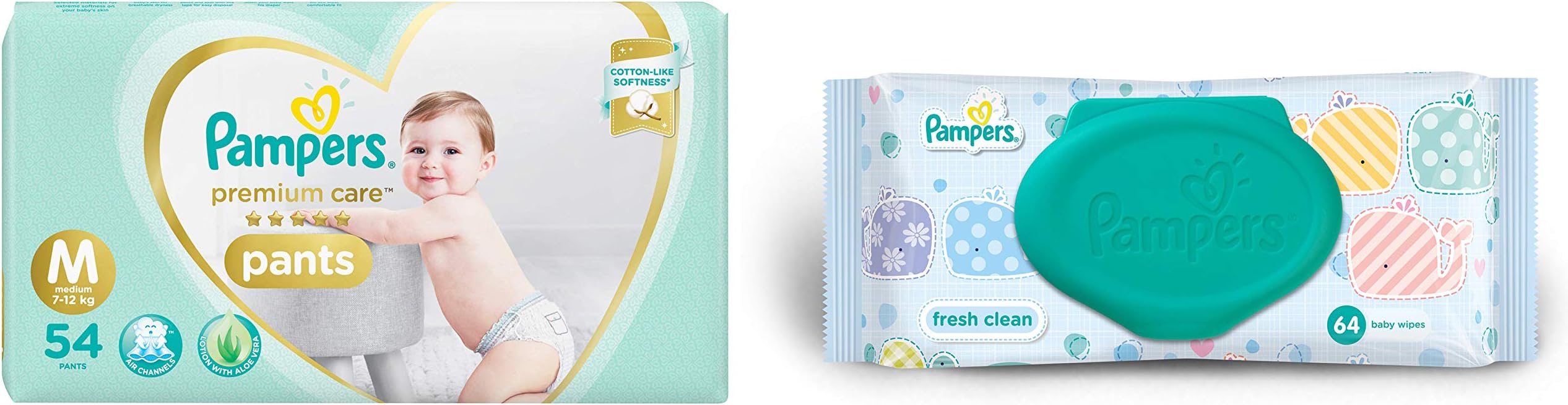 Pampers Premium Care Medium Size Pants Diapers, 54 Count and Pampers Fresh Clean Baby Wipes (64 count) combo pack