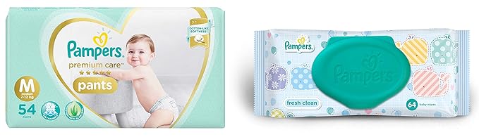 Pampers Premium Care Medium Size Pants Diapers, 54 Count and Pampers Fresh Clean Baby Wipes (64 count) combo pack