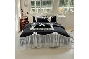 SOUKECHY Girls Lace Bedding,Queen Comforter Cover Set, Chic Ruffled Duvet Cover with Lovely Bow,Princess Style 1 Duvet Cover with 2 Pillowcases, No Comforter-Black,Full Size