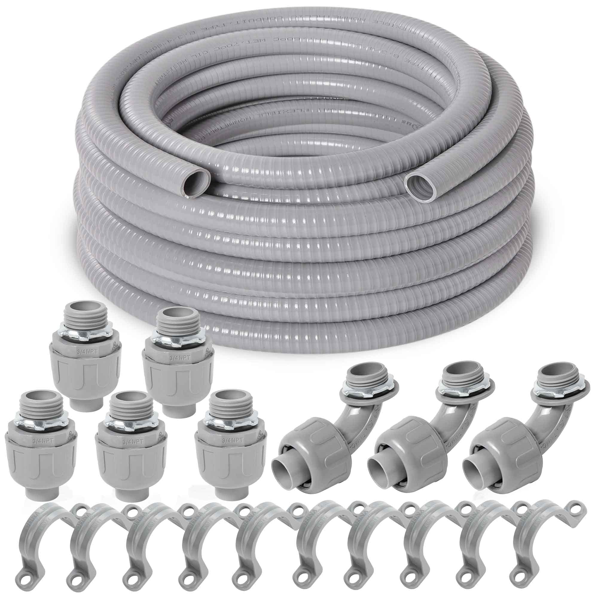 Photo 1 of (3/4" Dia * 50 Feet) Yariwiz Flexible Electrical Conduit Liquid Tight PVC Conduit Kit with 5 PCS Coupling, 3 PCS Elbow and 10 PCS Strap, Sealtight Seal Flex Liquidtight Wire Outdoor Non Metallic Grey