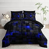 Nttopship Geometric Blue Black King Comforter Set,Light Honeycomb Bedding Set 7 Piece in A Bag,Bed Sheet Set Geometry Decor,Microfiber Lightweight All Season