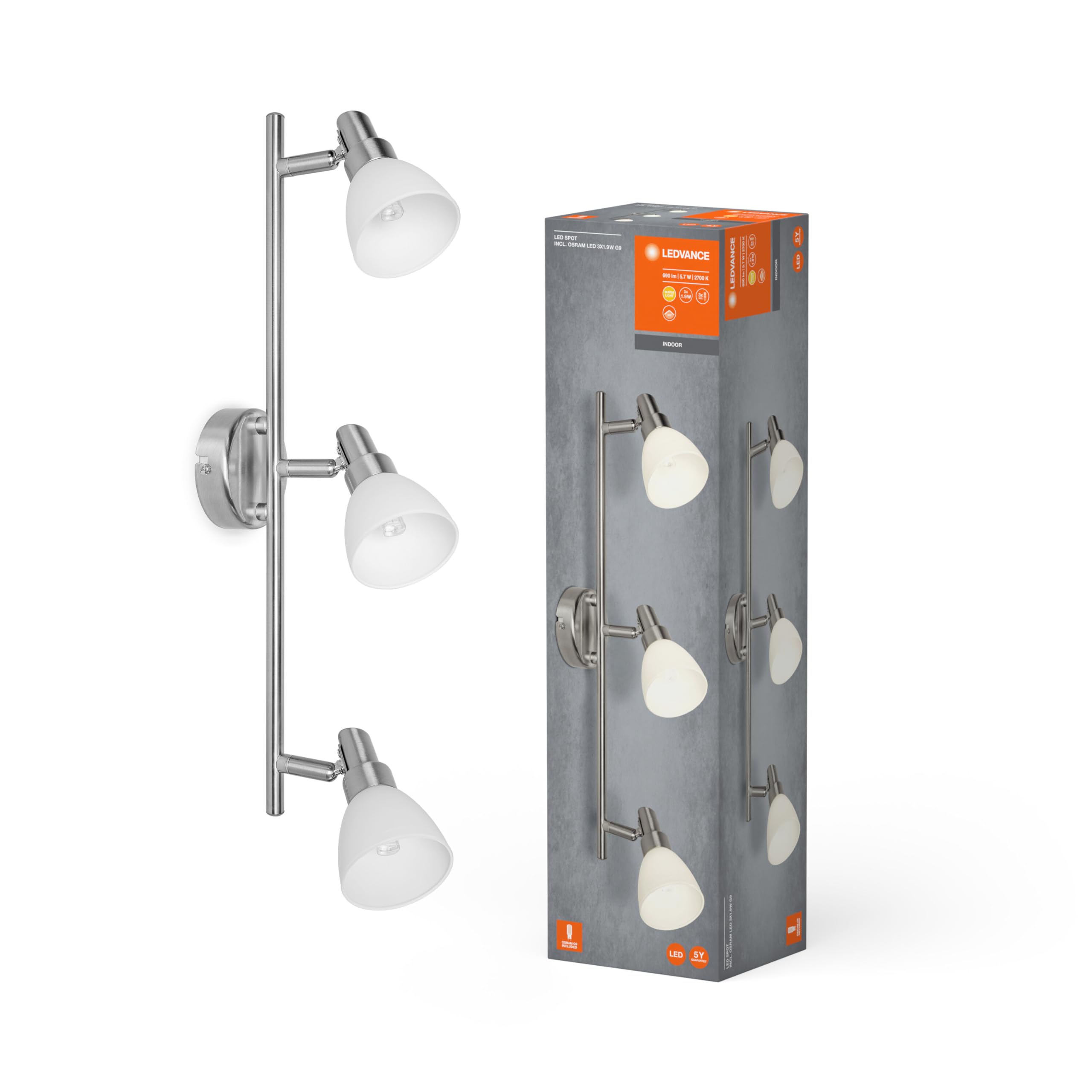 Ledvance LED Spotlight, 3-Flame Lamp High-Quality Spotlight Made of Aluminum, Suitable for Indoor Walls and Ceilings, Replaceable 2W G9 Lamps Included, Warm White (2700K), LED SPOT G9 3x2W