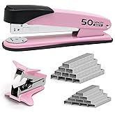 Pink Stapler Heavy Duty, Staplers for Desk, 2000 Staples, Staple Remover | 50 Sheet Capacity No Jam Metal Stapler, Non-Slip Heavy Duty Stapler, Pink Office Supplies for Teacher, Office Clerks