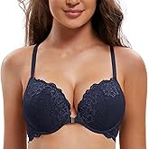 Deyllo Women's Front Closure Bras Lace Racerback Padded Push Up Bra Underwire Plunge(Deep Blue,36DDD)
