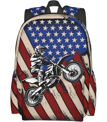 American Flag Motorcycle Backpack Dirt Bike School Bookbag College Shoulder Bag Travel Hiking Camping Daypack for Women Girls Men Boys