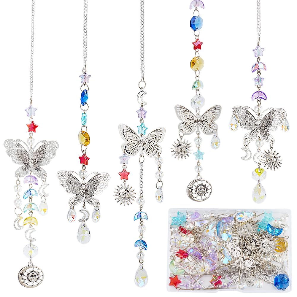 SUNNYCLUE 1 Box DIY 5 Sets Star Moon Suncatchers Kit Rainbow Maker Sun Catchers Butterfly Charms Hanging Suncatchers Glass Crystal Sun Catcher for Windows Indoor Outdoor Home Garden Decor Gifts