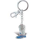 Aqua79 Cowboy Boot Keychain - Silver 3D Sparkling Charm Rhinestones Fashionable Stylish Metal Alloy Durable Keyring Bling Crystal Jewelry Accessory With Clasp