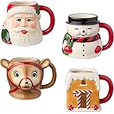 Santa’s Retro Christmas 3D Mugs – Set of 4 Holiday Mugs with Santa, Reindeer & Snowman Sculpted Art, Vintage-Inspired Cocoa & Coffee Mugs for Winter Sipping & Holiday Gifts