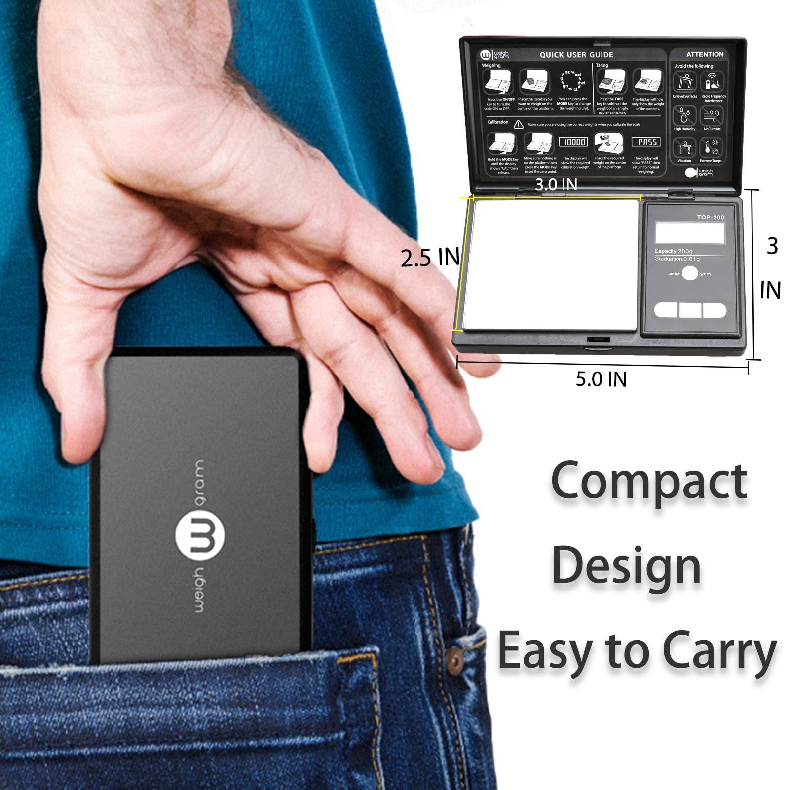 Digital Pocket Gram Scale 200g/0.01g Accuracy - Mini Scale With 6 Units, Tare Function, LCD Display, Includes 50g Weight