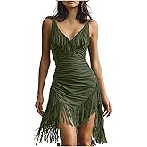 Vintage Fringe Dresses for Womens, Casual V Neck Faux Suede Sleeveless Mini Dress, Bodycon Western Cowgirls Dresses