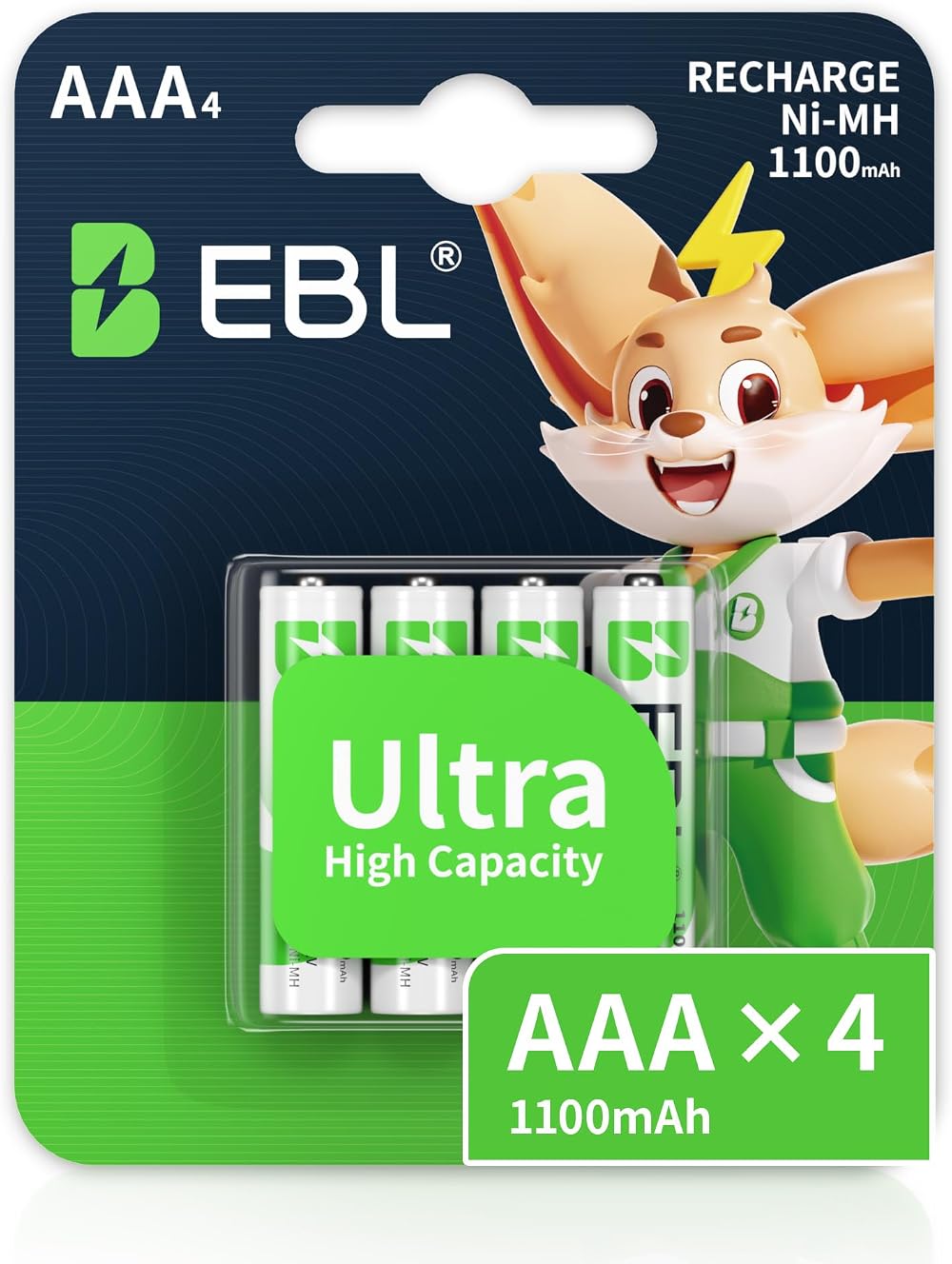 EBL 1100mAh AAA Ni-MH Rechargeable Batteries 4 Pack Retail Blister