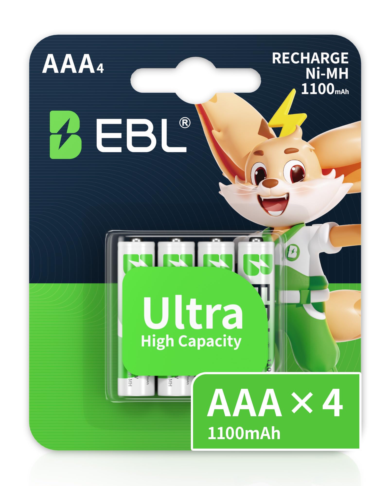 EBL 1100mAh Ni-MH AAA Rechargeable Batteries, Retail Package and Pack of 4 AAA Batteries
