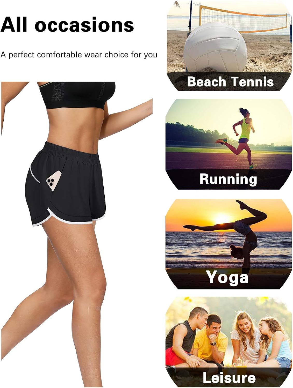 Blevonh Women Elastic Waist Double Layer Casual Running Shorts with Side Pockets: Clothing