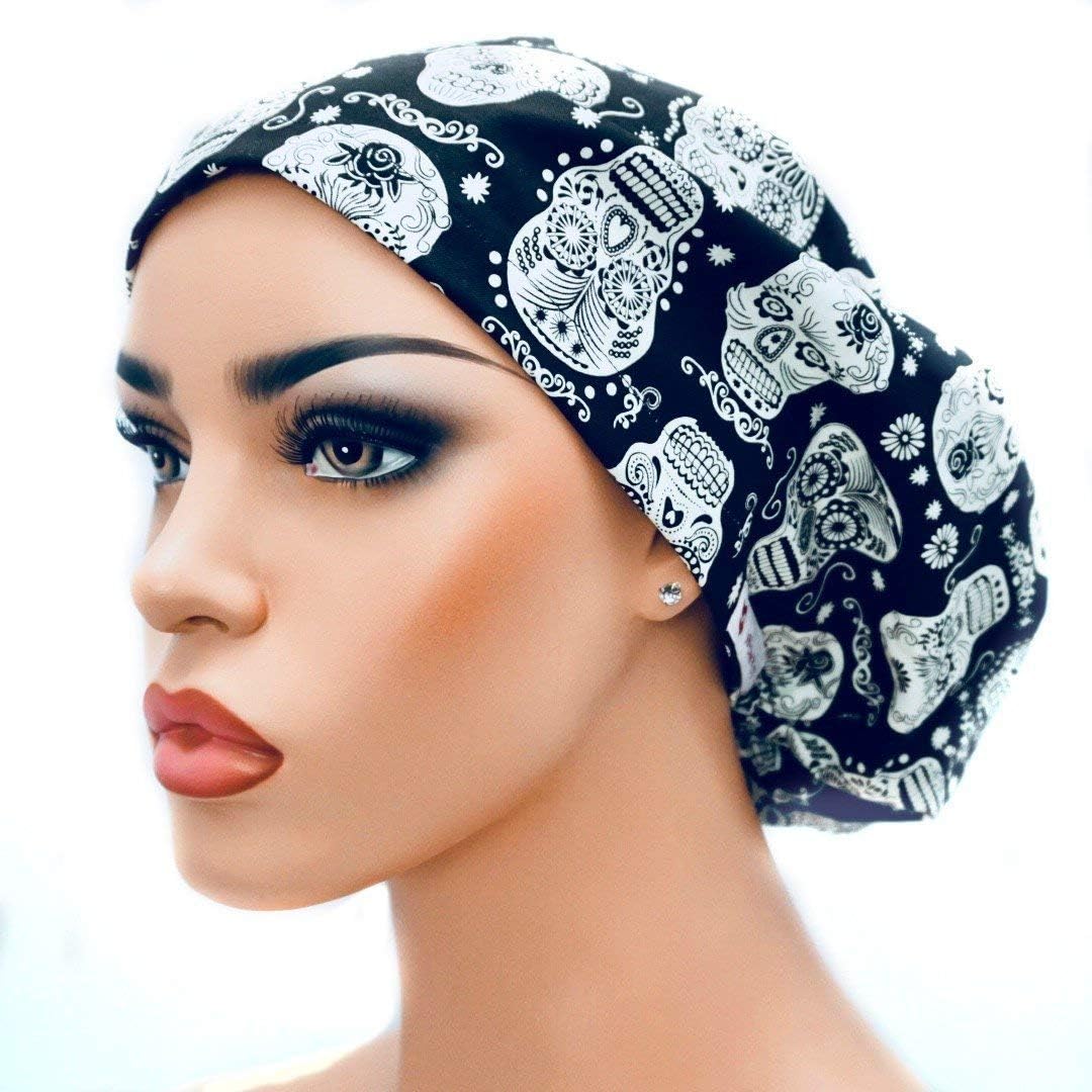 Womens Adjustable Bouffant Surgical Ponytail Cap Black with Glow in the Dark Skulls