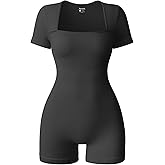 OQQ Women Short Sleeve Rompers Yoga Stretch Square Neck Exercise Rompers