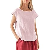 Amazhiyu Womens 100% Linen Casual Cap Sleeve Tops Basic Summer Loose Fit Blouse