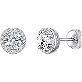 Suplight 925 Sterling Silver Birthstone Earrings Stud Round/Heart/Teardrop/Square Crystal Earrings for Women, Diamond Silver Earrings Dainty Gifts for Women Birthday Unique Minimalist Jewelry