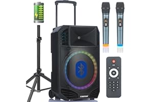 EXOTON PA Speaker System - Active Bluetooth Compatible Speaker with USB, 15 inch Rechargeable Powered Dj, 2 Wireless Microphone.