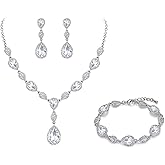 EleQueen Women's Wedding Bridal Jewelry Sets for Brides Bridesmaids, Cubic Zirconia Teardrop Necklace Tennis Bracelet Dangle Earrings Jewellery Set