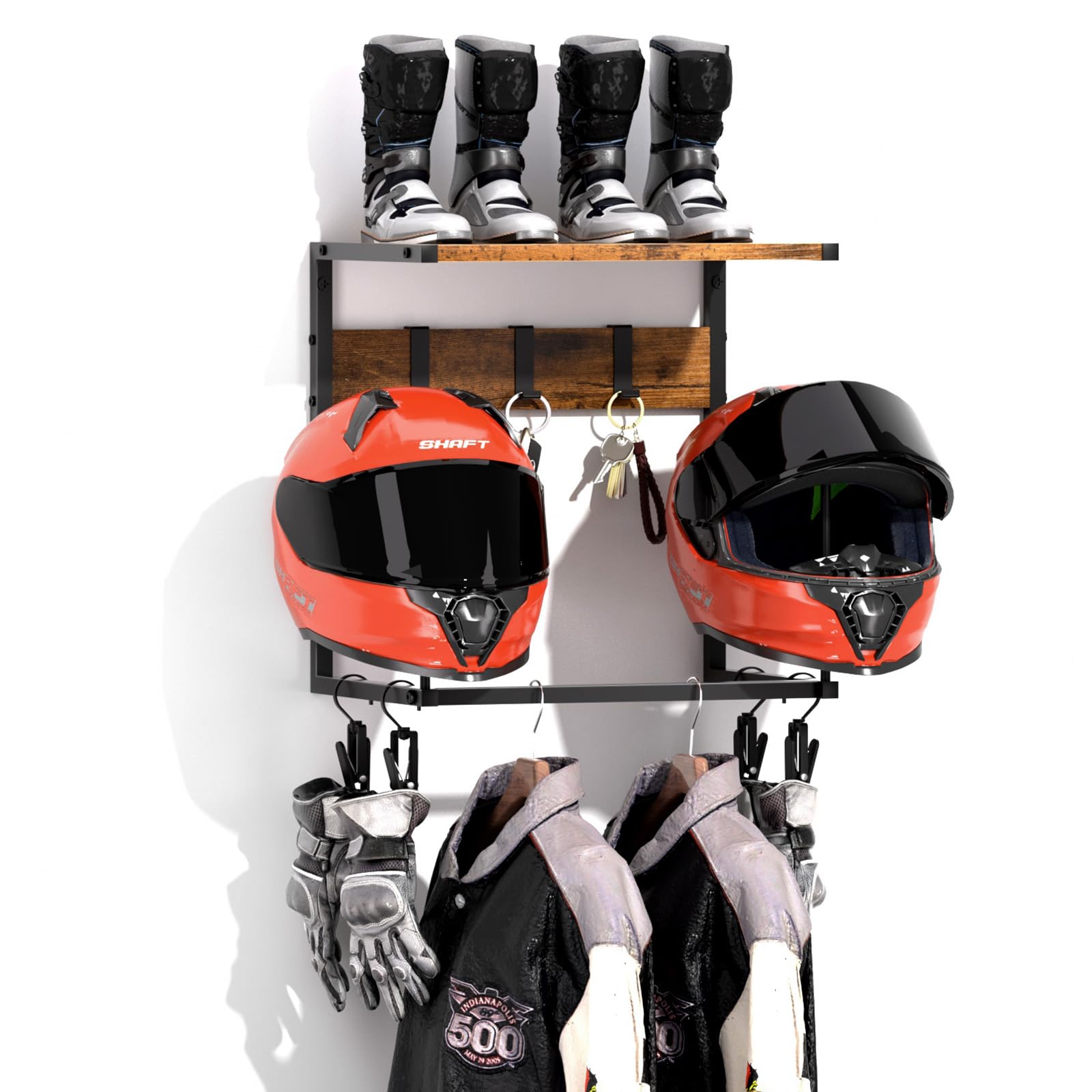 Photo 1 of Urban Deco Motorcycle Helmet Holder Wall Mount, Helmet Rack with 2 Hat Stands, Helmet Stand for Display Wall Mount, Motorcycle Accessories Gear Storage for Men, Small