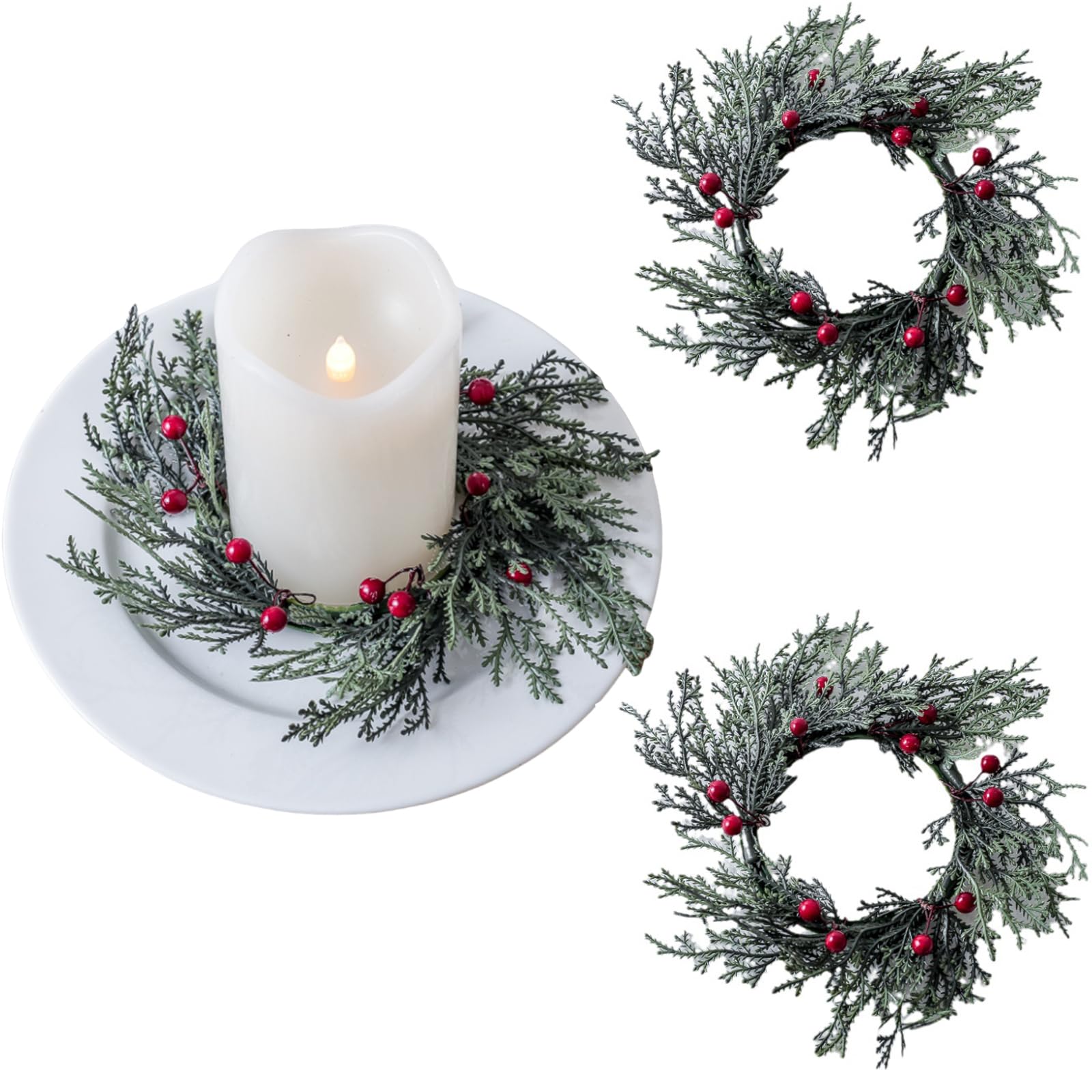 Photo 1 of 2 Pieces Christmas Candle Rings Wreaths,Artificial Flower Red Berries, Pine Needles Garland Wreaths Decorations for Tables Centerpieces, Winter Xmas Home Kitchen Decors Christmas Ornaments