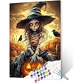 Mummy Witch Skeleton Sitting on Glowing Pumpkin Paint By Number Kit For Students Beginners, Halloween Graveyard Spooky Fall Crows Crosses Creepy Number Painting Home Wall Decor 16'' X 20'' (Frameless)