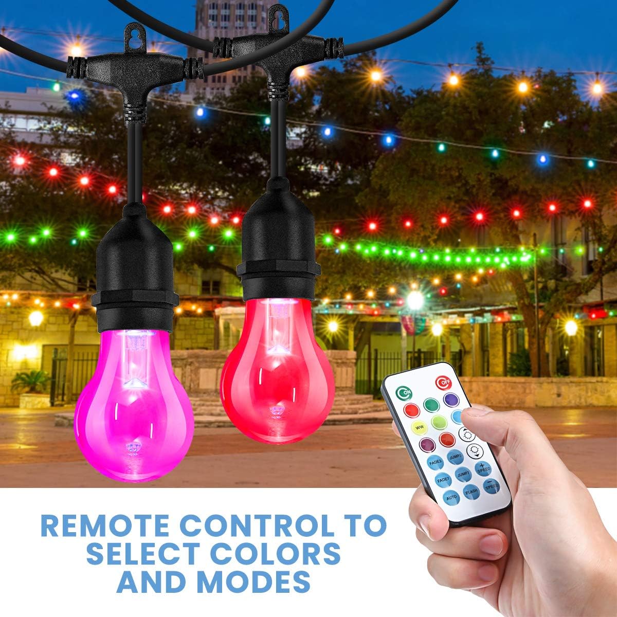 Elfeland LED Outdoor String Lights 48FT RGB Color Changing String Lights Dimmable Hanging Lights Patio Lights Backyard Lights Party Lights with 15Pcs Shatterproof LED Bulb & 2 Remote Controls: Home Improvement